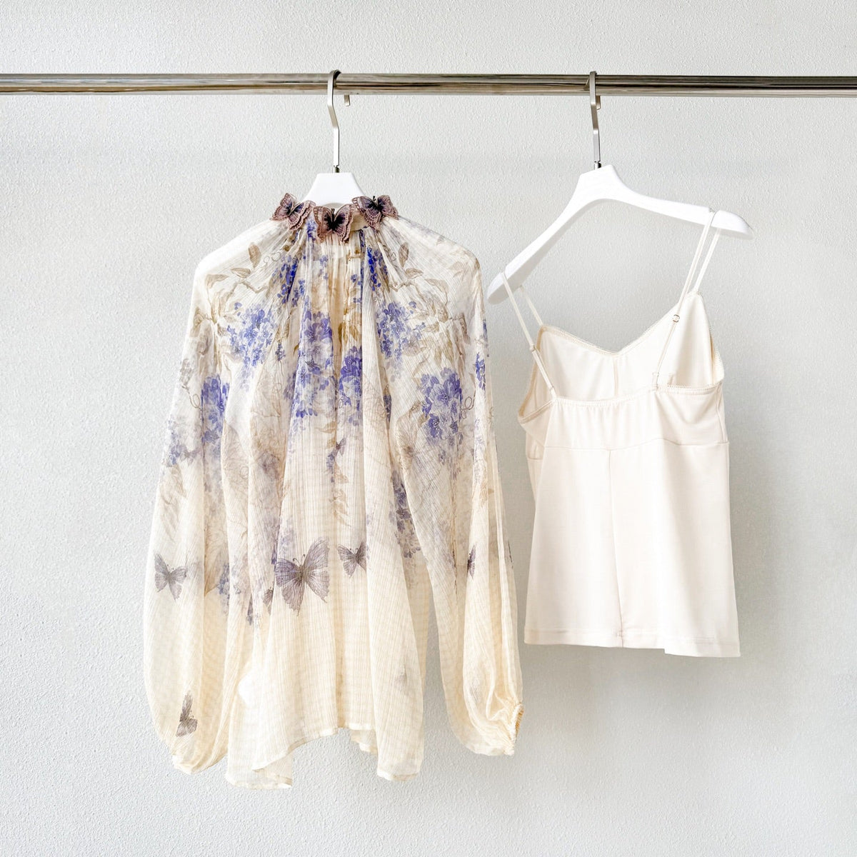 Indigo Wisteria Print Neck Tie Long Sleeve Blouse