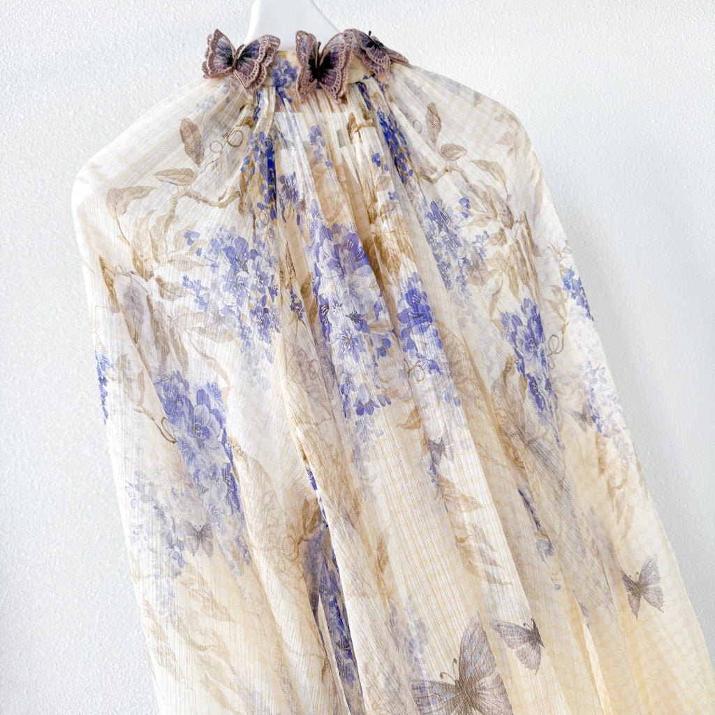 Indigo Wisteria Print Neck Tie Long Sleeve Blouse