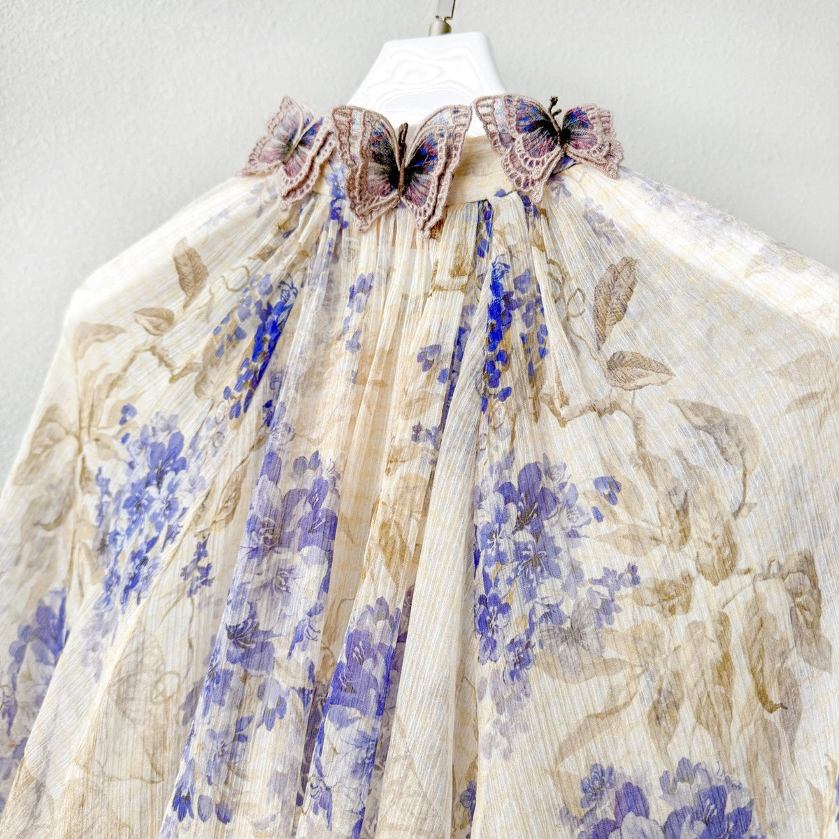 Indigo Wisteria Print Neck Tie Long Sleeve Blouse
