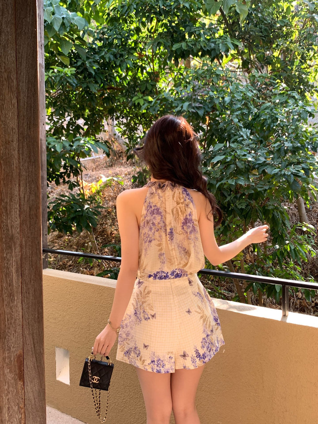 Indigo Wisteria Print Halter Neck Sleeveless Blouse