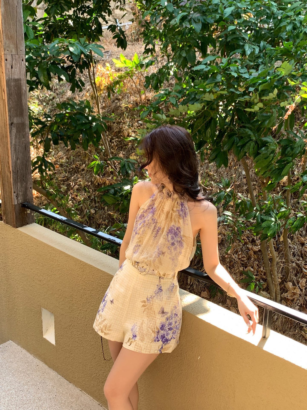 Indigo Wisteria Print Halter Neck Sleeveless Blouse