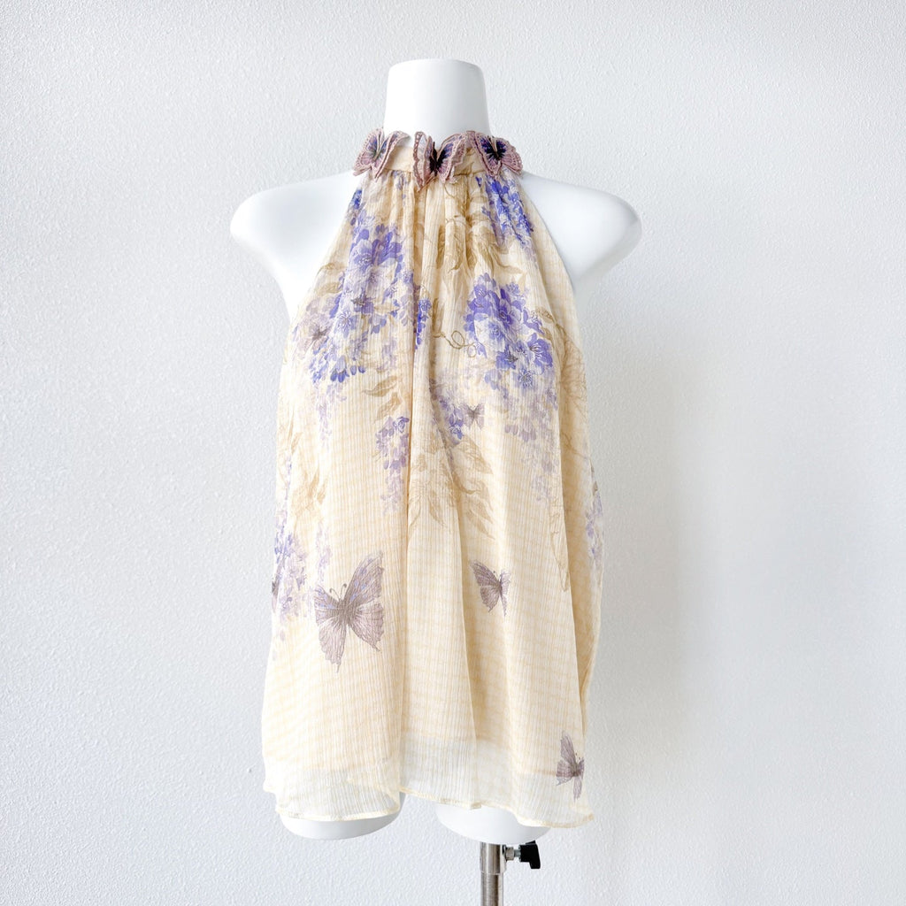Indigo Wisteria Print Halter Neck Sleeveless Blouse