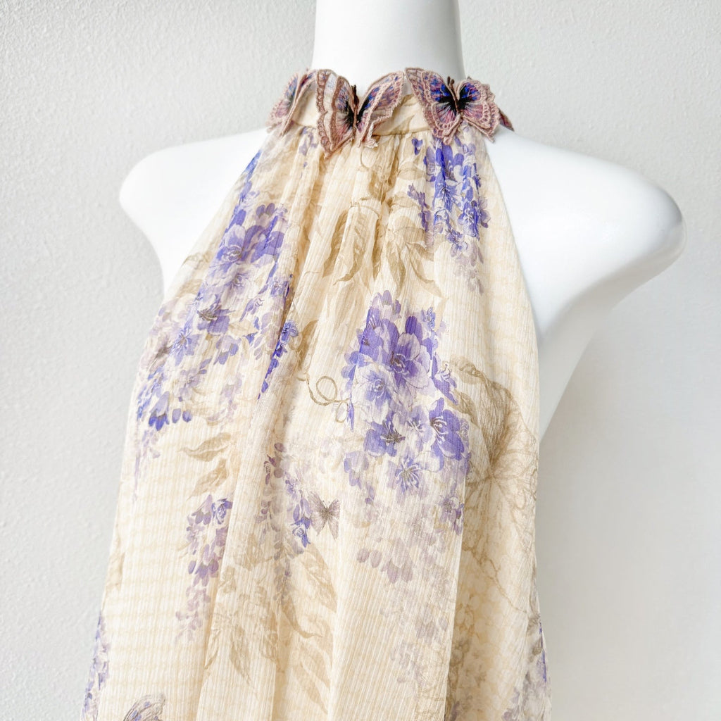 Indigo Wisteria Print Halter Neck Sleeveless Blouse