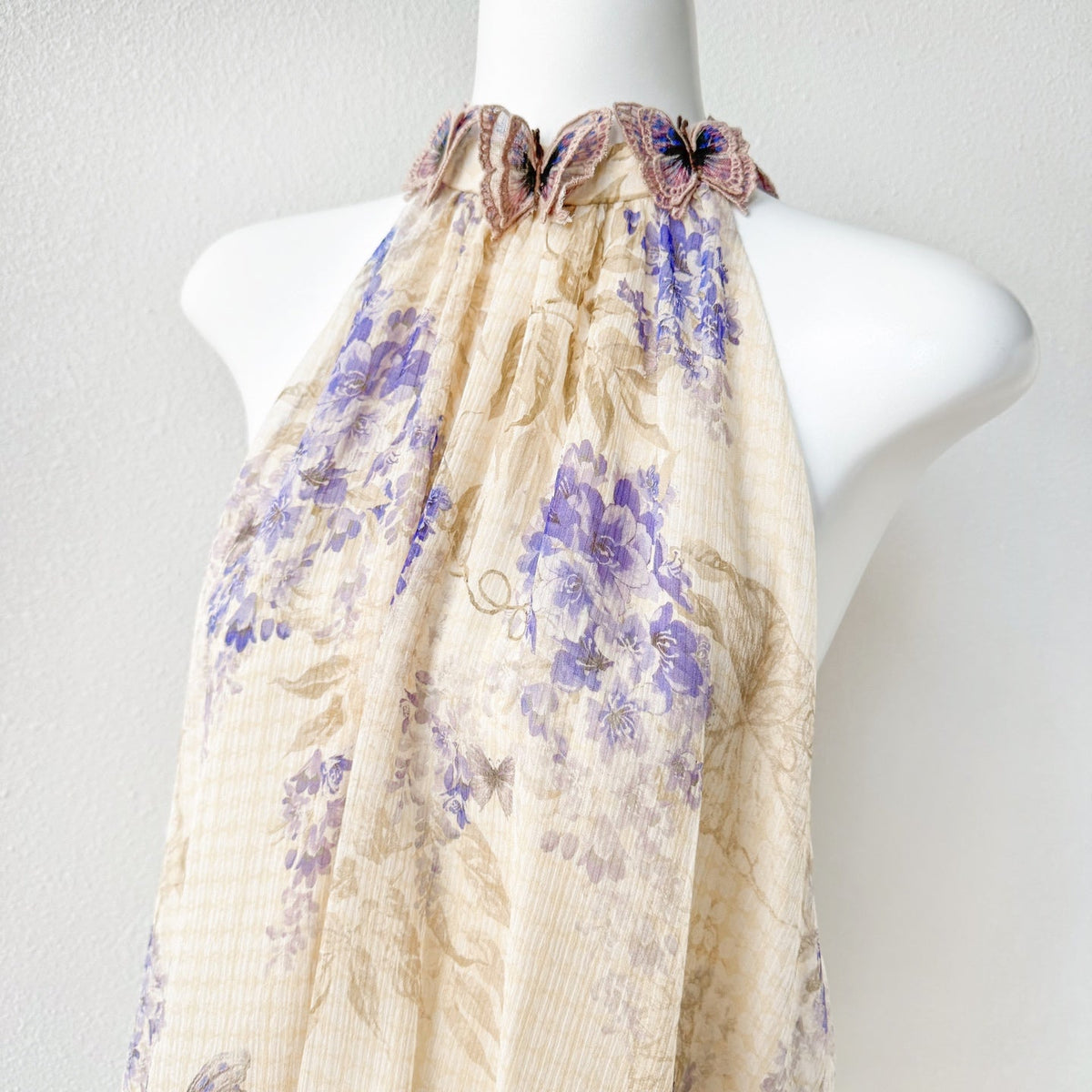 Indigo Wisteria Print Halter Neck Sleeveless Blouse