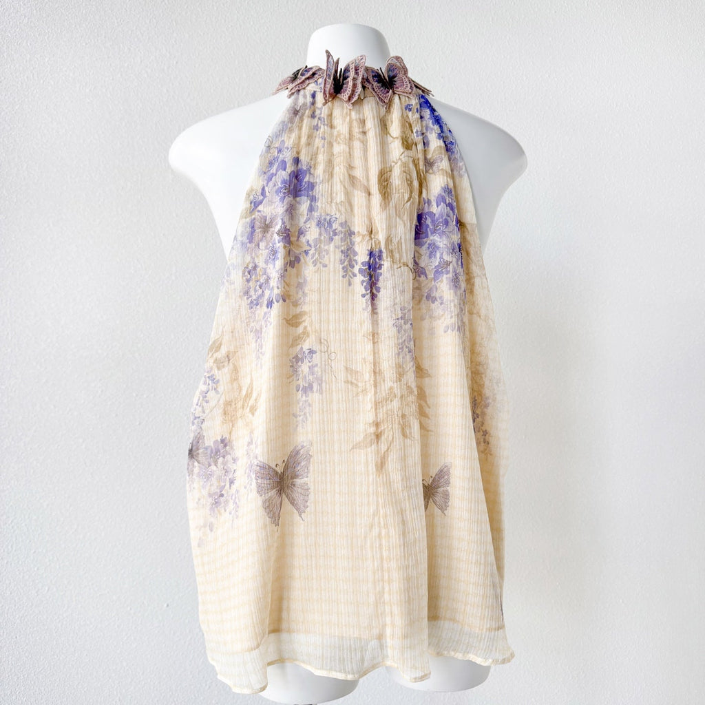 Indigo Wisteria Print Halter Neck Sleeveless Blouse