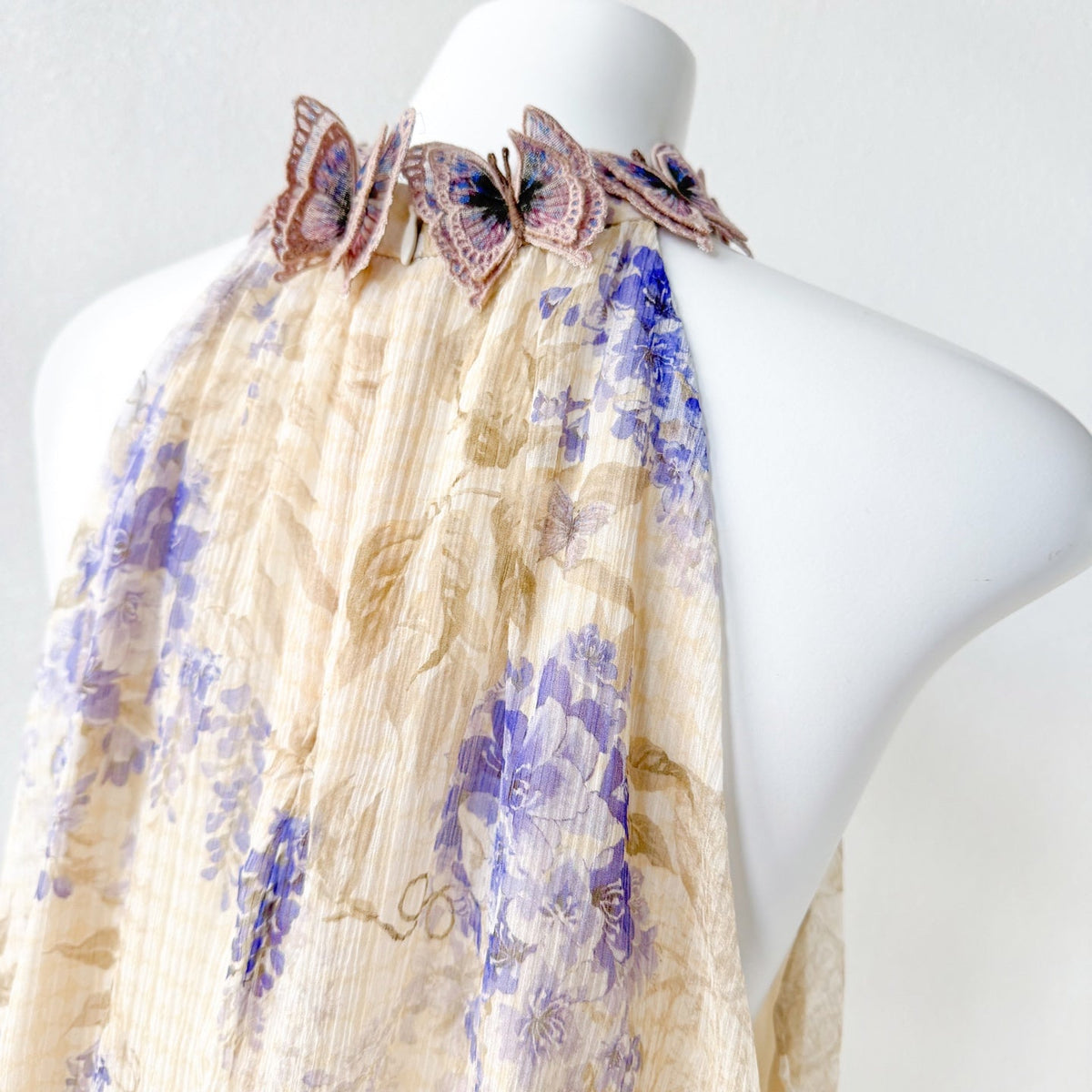 Indigo Wisteria Print Halter Neck Sleeveless Blouse