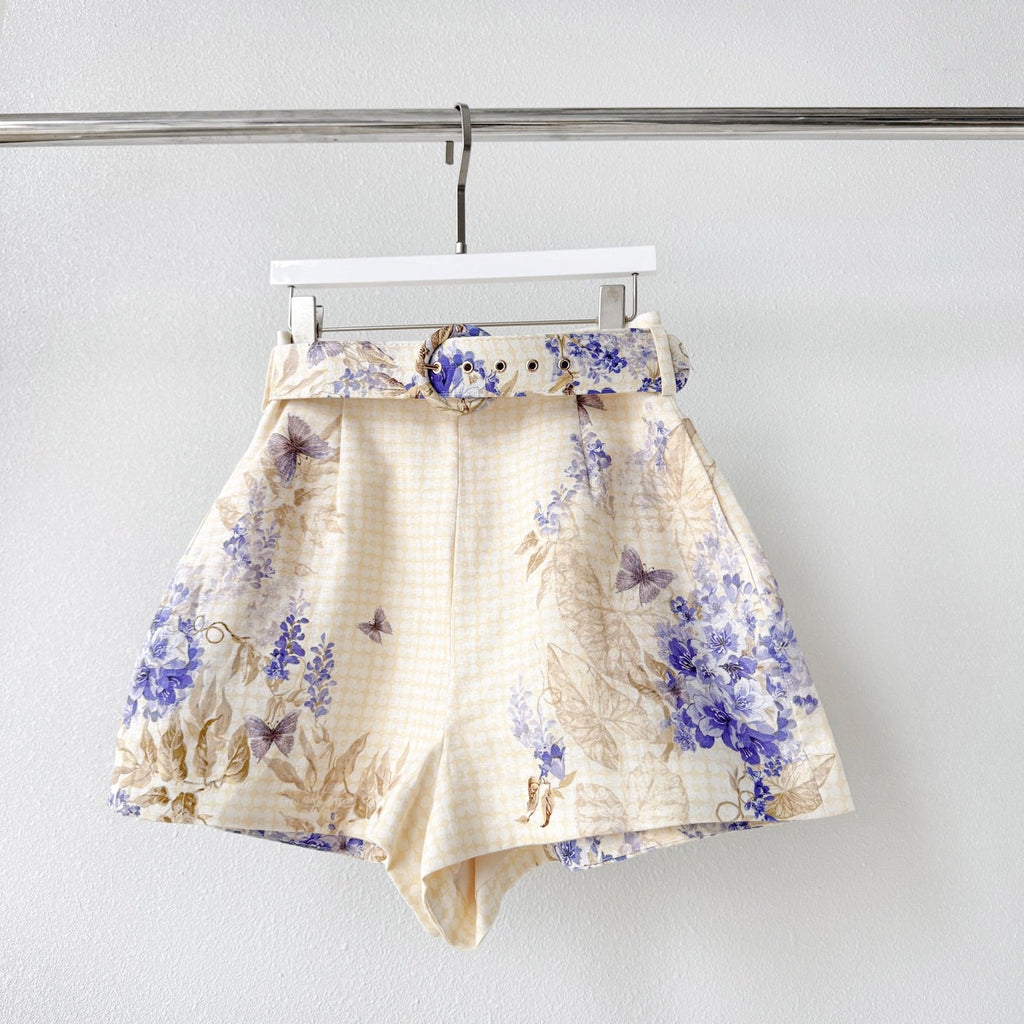 Indigo Wisteria Print High Rise Wide Leg Shorts