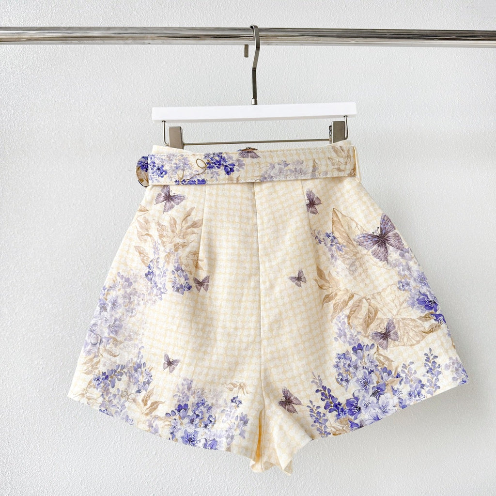 Indigo Wisteria Print High Rise Wide Leg Shorts