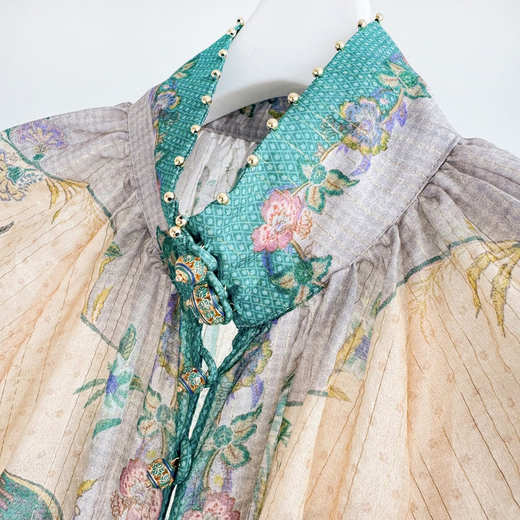The Indra Billow Blouse Short in Cream Scarf Floral Two piece Set