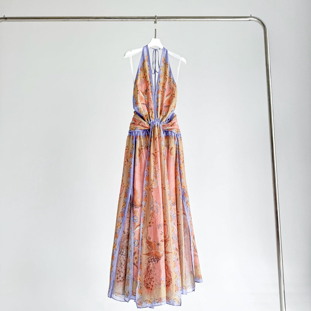 The Indra Plunge Halter Maxi Dress in Pink Scarf Floral