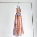 The Indra Plunge Halter Maxi Dress in Pink Scarf Floral