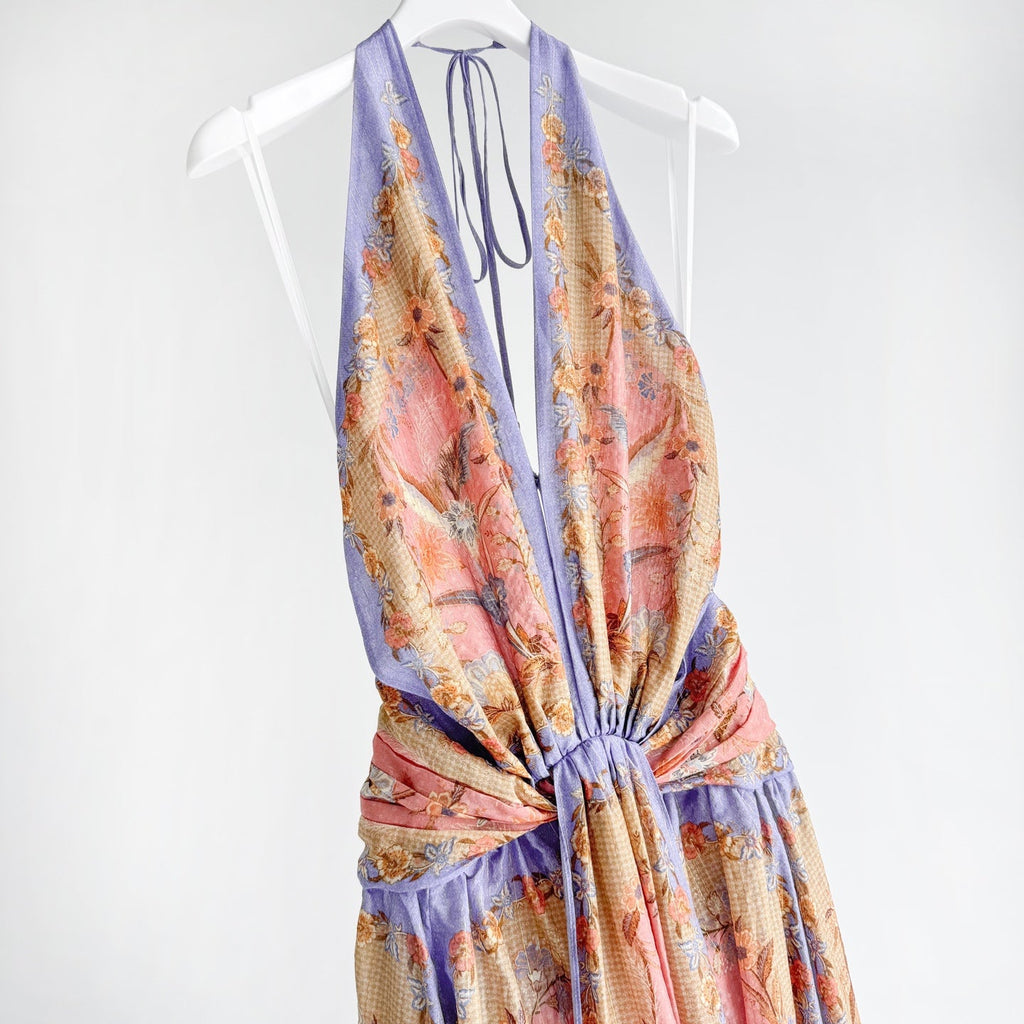 The Indra Plunge Halter Maxi Dress in Pink Scarf Floral