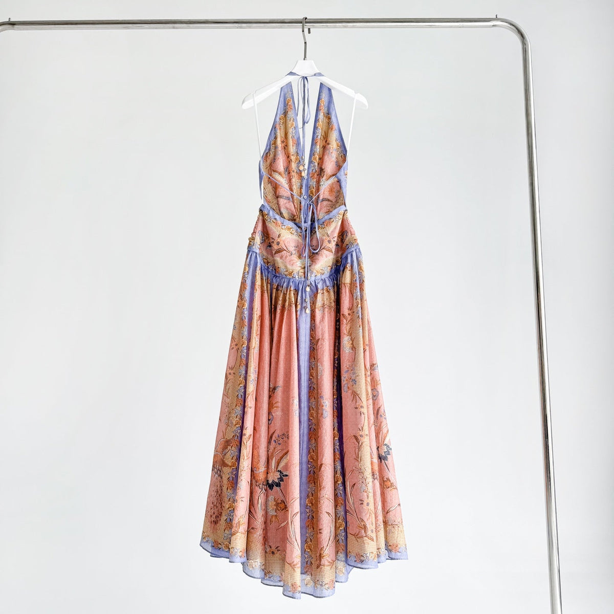 The Indra Plunge Halter Maxi Dress in Pink Scarf Floral
