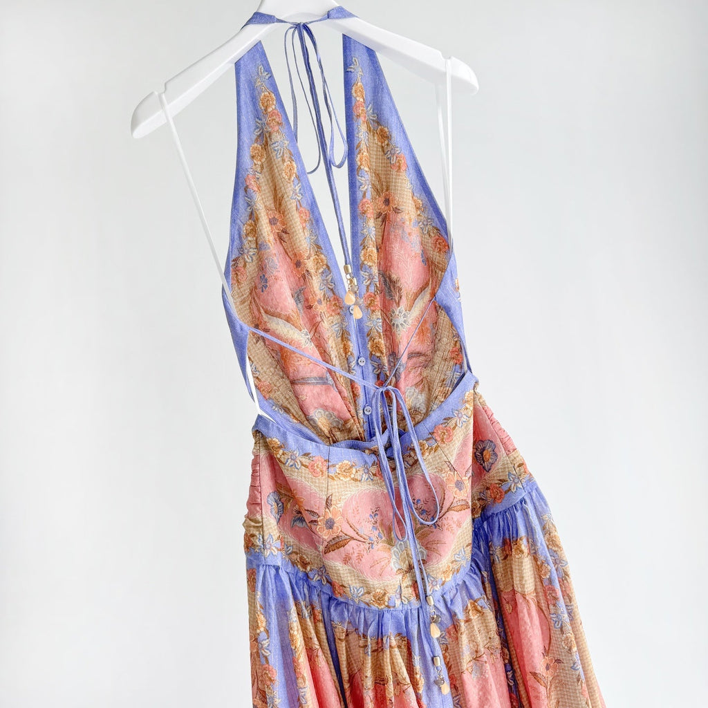 The Indra Plunge Halter Maxi Dress in Pink Scarf Floral