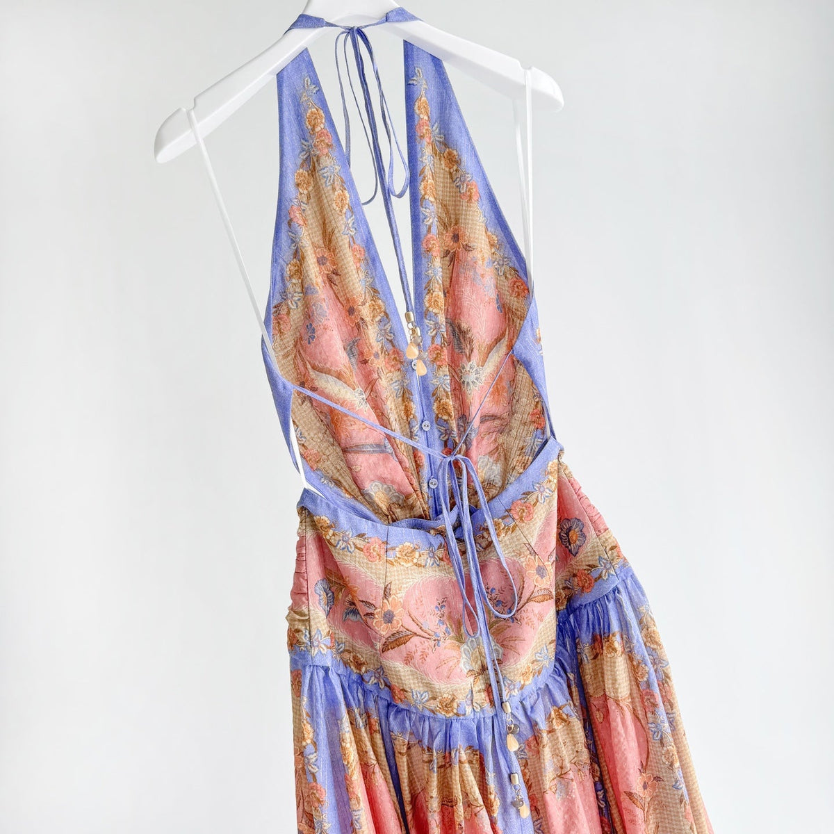 The Indra Plunge Halter Maxi Dress in Pink Scarf Floral