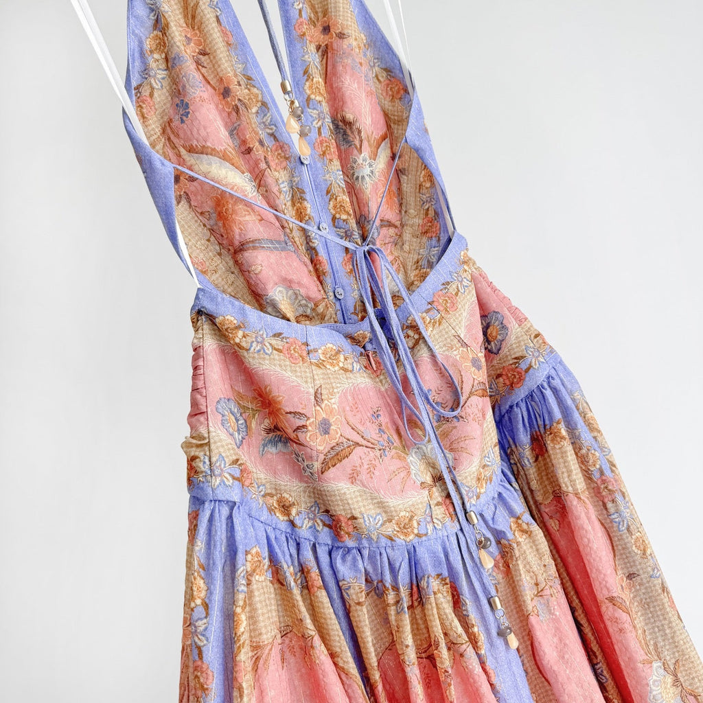 The Indra Plunge Halter Maxi Dress in Pink Scarf Floral
